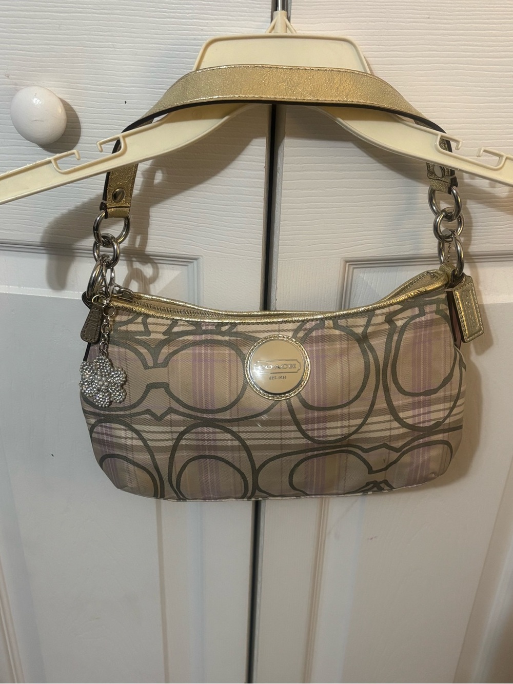 Coach Gold Metallic Signature Shoulder Bag with Plaid Accents